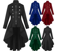 Women Medieval Jackets Gothic Steampunk Coat Stand Collar Windbreaker Double Breasted Plain Coat Victorian Renaissance Zip Tailcoat Ruffle Hem Uniform Retro Overcoat Halloween Theme Party Costumes