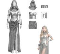 Women Medieval Knight Costume Faux Chainmail Warrior Outfit Female Renaissance Warrior Cosplay Armor Set Hood Corset Skirt Arm Guards