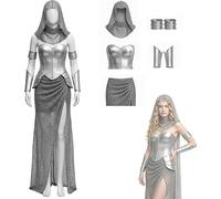 Women Medieval Knight Costume Faux Chainmail Warrior Outfit | Female Renaissance Warrior Cosplay Armor Set Hood Corset Skirt Arm Guards