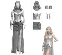 Women Medieval Knight Costume Faux Chainmail Warrior Outfit | Female Renaissance Warrior Cosplay Armor Set Hood Corset Skirt Arm Guards
