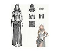 Women Medieval Knight Costume Faux Chainmail Warrior Outfit | Female Renaissance Warrior Cosplay Armor Set Hood Corset Skirt Arm Guards