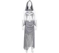 Women Medieval Knight Costume Faux Chainmail Warrior Outfit | Renaissance Female Knight Cosplay Armor Includes Hood Skirt Corset Top Arm Guards & Rings 5-Piece Set