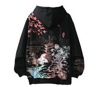 Women Men Aesthetic Japanese Sakura Hoodie, Y2K Anime Harajuku Cloth Korean Hooded Long Sleeve Sweatshirt for Winter Fall, Black, 3XL