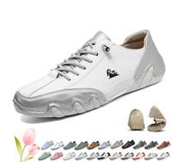 Women Men Barefoot Walking Shoes, Lightweight Comfortable Slip On Sneakers, Breathable Non Slip Chukka Boots, Dress All Season Casual Beck Shoes for Outdoor Driving Commuting(White+Silver,6.5 UK)