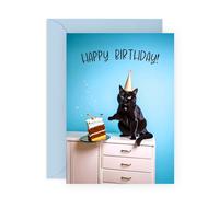 Women Men Birthday Card - Black Cat with Cake - Humorous Greeting Card for Cat Lovers, Fur Mum Dad, Friends, Bestie, BFF, Him, Her - Party Hat - Comes with Stickers