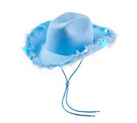 Women Men Cowboy Hats with LED Light Fluffy Feather Brim Cowgirl Hats Light Up Cowboy Hat for Cosplay Fancy Dress Party (Blue, ONE SIZE)