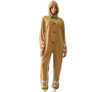 Women Men Halloween Christmas Gingerbread Costumes Pajama Hooded Zipper Pjs Jumpsuit Role-playing Cosplay Sleepwear (B-Ginger Women, S)
