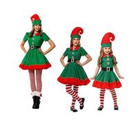 Women Men Kid Christmas Elf Cosplay Costume Short Sleeve Santa Dress+ Pants+Leg Warmer+Hat+ Belt Xmas Costume (Women, A-Green Elf Costume, L)