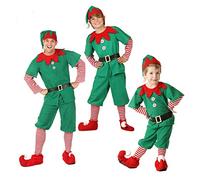 Women Men Kid Christmas Elf Cosplay Costume Short Sleeve Santa Dress+ Pants+Leg Warmer+Hat+ Belt Xmas Costume (Men, A-Green Elf Costume, XL)