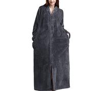 Women/Men Plus Size Zip Up V Neck Full Length Fleece Waffle Long Dressing Gown Bathrobe Fluffy Nightwear Sleepwear Towelling Bathrobe Sleepwear Grey Women XL