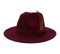 Women Men Retro Fedora Feather Decor Hat Wide Brim Wool Felt Cap Jazz Hat Panama Floppy Elegant Hat Party Wedding (A-Wine Red, ONE Size)