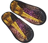 Women Men Slippers Eiffel Tower Paris Firework Street House Slippers Comfort Plush Bedroom Slipper Anti-Skid Indoor Shoes For Outdoor Guest Spa L