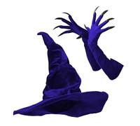 Women Men Vintage Wide Brim Witch Hat and Long Fingernails Paw Gloves Adults Halloween Witch Wizard Costume Set Gothic Fancy Dress Kit for Party Cosplay Carnival