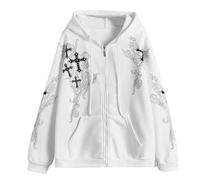 Women Men Y2K Zip Up Oversized Hoodie Gothic cross Graphic Emo Grunge Baggy Fleece Jacket 90s Punk Streetwear, White, Large