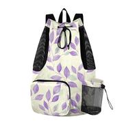 Women Mens Drawstring Backpack Gym Sackpack With Water Bottle Holder String Bag Dry Wet Separation Purple Mint Green Leaves Fresh Style