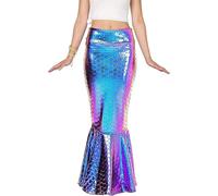 Women Mermaid Costume Shiny Maxi Fish Skirt High Waist Metallic Hologram Sequin Bodycon Skirt Halloween Fancy Cosplay Outfits (Colorful A, S)