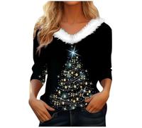 Women Merry Christmas Jumper Christmas Tree Sweatshirt Xmas Pullover Causal Faux Fur Collar V Neck Long Sleeve Tops Blouse Christmas Tree Snowflake Printed Sweatshirt Xmas Holiday Blouse Tops Black