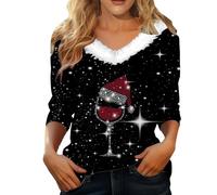 Women Merry Christmas Jumper Christmas Tree Sweatshirt Xmas Pullover Causal Faux Fur Collar V Neck Long Sleeve Tops Blouse Christmas Tree Snowflake Printed Sweatshirt Xmas Holiday Blouse (11-Black, S)
