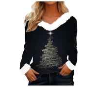 Women Merry Christmas Jumper Christmas Tree Sweatshirt Xmas Pullover Causal Faux Fur Collar V Neck Long Sleeve Tops Blouse Christmas Tree Snowflake Printed Sweatshirt Xmas Holiday Blouse (14-Black, L)