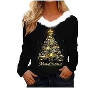 Women Merry Christmas Jumper Christmas Tree Sweatshirt Xmas Pullover Causal Faux Fur Collar V Neck Long Sleeve Tops Blouse Christmas Tree Snowflake Printed Sweatshirt Xmas Holiday Blouse (16-Gold, L)