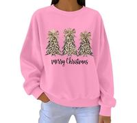 Women Merry Christmas Letter Sweatshirts Casual Xmas Tree Shirt Graphic Crewneck Oversized Fleece Pullover Holiday Top (Pink, L)