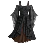 Women Mesh Butterfly Sleeve Dresses Off Shoulder Ruffle Slit Hem Dress Fashion 3D Flower Empire Waist Dress Vintage Gothic A-Line Swing Dresses Carnival Halloween Cosplay Party Coffee