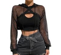 Women Mesh Fishnet Top Long Sleeve Top Hollow Out Hoodie Crop Top Sexy Crochet See Through Party Clubwear Summer Beach Cover Up Shirt for Ladies (UK, Numeric, 12, Regular, Regular, Black)
