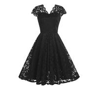 Women Mesh Floral Embroidery Vintage Cocktail Swing Dress Illusion 50s Goth Flared A line Casual Wedding Prom Evening Dress, Black-lace, XXL