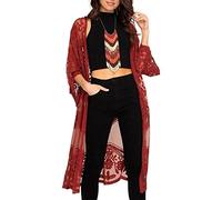 Women Mesh Lace Kimonos Swim Cover Up Summer Bikini Beach Coverup Boho Back Cutout Sheer Kimono Cardigan (Wine Red, ONE SIZE)