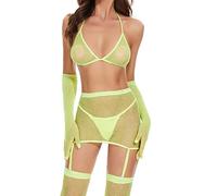 Women Mesh Lingerie Set Fishnet Two Piece Babydoll See Through Shirts Long Sleeve, Yellow Sparkle, One Size