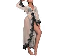 Women Mesh Robe Sexy Lingerie Sheer Kimono Maxi Dressing Gown with Eyelash Lace See Through Bridal Bathrobe Babydoll Nightgown Swimsuit Bikini Cover Up Silky Cardigan for Beach Party Valentine Gifts