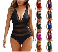 Women Mesh Swimsuit UK Clearance One Piece Swimming Costume V Neck Modest Swimwear Ladies Striped Swimsuits Tummy Control Bathing Suits Sexy Tankini Slimming Monokini Push Up Swim Bodysuits