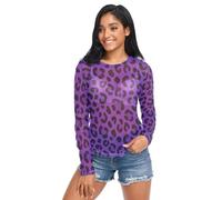 Women Mesh Top, Purple Leopard Cheetah Print, Mesh Long Sleeve Mesh Tops S, Purple Leopard Cheetah Print, XXL