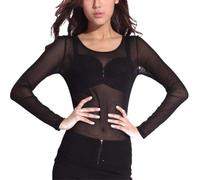 Women Mesh Tops Long Sleeve See Through Transparent Mesh Stand Neck Sheer Blouses T-Shirt Tops