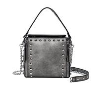 Women Metal Studs Vegan Shoulder Handbag With Long Chain Crossbody Strap-Dark Silver