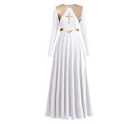 Women Metallic Cross Praise Dance Dresses Liturgical Lyrical Dancewear Color Block Long Sleeve Worship Dance Dress, White, M