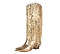 Women Metallic Mid Calf Boots Tassel Sequin Block Heel Pointed Toe Western Knee High Boot Ladies Party Shoes Gold