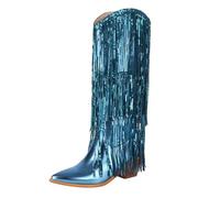 Women Metallic Mid Calf Boots Tassel Sequin Block Heel Pointed Toe Western Knee High Boot Ladies Party Shoes Blue