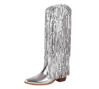Women Metallic Mid Calf Boots Tassel Sequin Block Heel Pointed Toe Western Knee High Boot Ladies Party Shoes Silver
