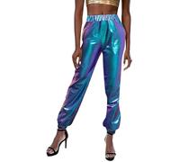 Women Metallic Shiny Pants with Drawstring Jogger Casual Holographic Colour High Waisted Metallic Pants Drawstring with Pockets Disco Hip Hop Theme Party Blue