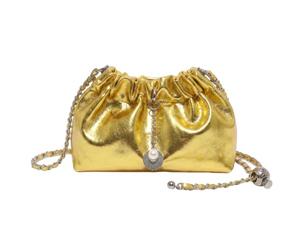 Women Metallic Wrinkle Bucket Bag Chain Strap Crossbody Bag | Drawstring PU Leather Shoulder Handbag Pearl Pendant Sling Bags Lightweight Daily