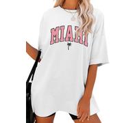 Women Miami Florida Letter Graphic Print Tee Shirt Oversized Short Sleeve Crew Neck Drop Shoulder Casual T-Shirt Tops, Miami-white, S