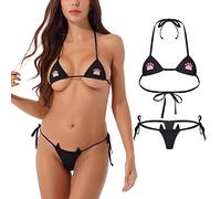 Women Micro Bikini Cute Cat Paw Embroidery Kawaii Swimsuit Japanese Anime Lingerie Tiny String Tie Side Thong Triangle Halter Sliding Top Small Bra and Panty Set for Party Photo Shoot(Black)