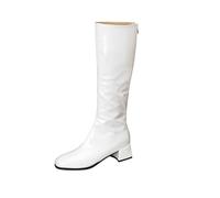 Women Mid Block Heel Square Toe Back Zipper Costume Knight Booties | Low Heel Chunky Knee High Boots Party Daily Disco Outfit Tall Cute Boots Pull Up Slouchy Long Boots