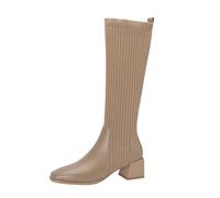 Women Mid Calf Boots Autumn and Winter Fashion Stretch Knitted Leather Stitching Pure Color Comfortable Square Toe Square Heel Khaki
