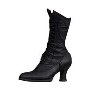 Women Mid Calf Boots Autumn Winter Fashion Pointed Toe Square Heel Lace Up Ankle Footwear British Style European Design (Black, 4)