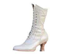 Women Mid Calf Boots Autumn Winter Fashion Pointed Toe Square Heel Lace Up Ankle Footwear British Style European Design (White, 5.5)