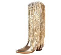 Women Mid Calf Boots Fashionable Pattern Tassel Decoration Pointed Thick Heel Non Slip Slip On Shoes