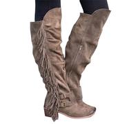 Women Mid Calf Boots Ladies Over The Knee Long Boots Fringe Cowboy Bootie Pointed Toe Chunky Heel Tassel Boots Autumn Winter Casual Shoes Wide Leg Thigh High Boots (Khaki, 3)