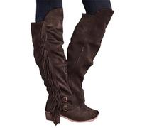 Women Mid Calf Boots Ladies Over The Knee Long Boots Fringe Cowboy Bootie Pointed Toe Chunky Heel Tassel Boots Autumn Winter Casual Shoes Wide Leg Thigh High Boots (Coffee, 8)